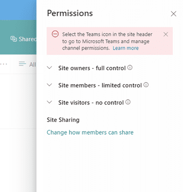 Screen from Teams showing Permissions
