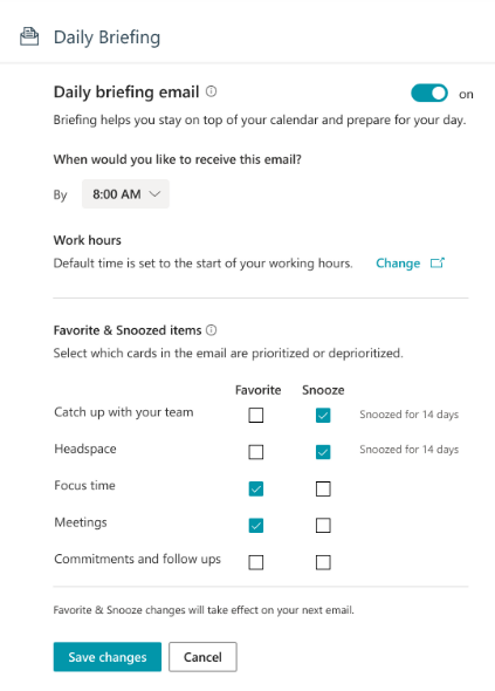 Microsoft Viva: Briefing Email Favorite and Snooze Preferences